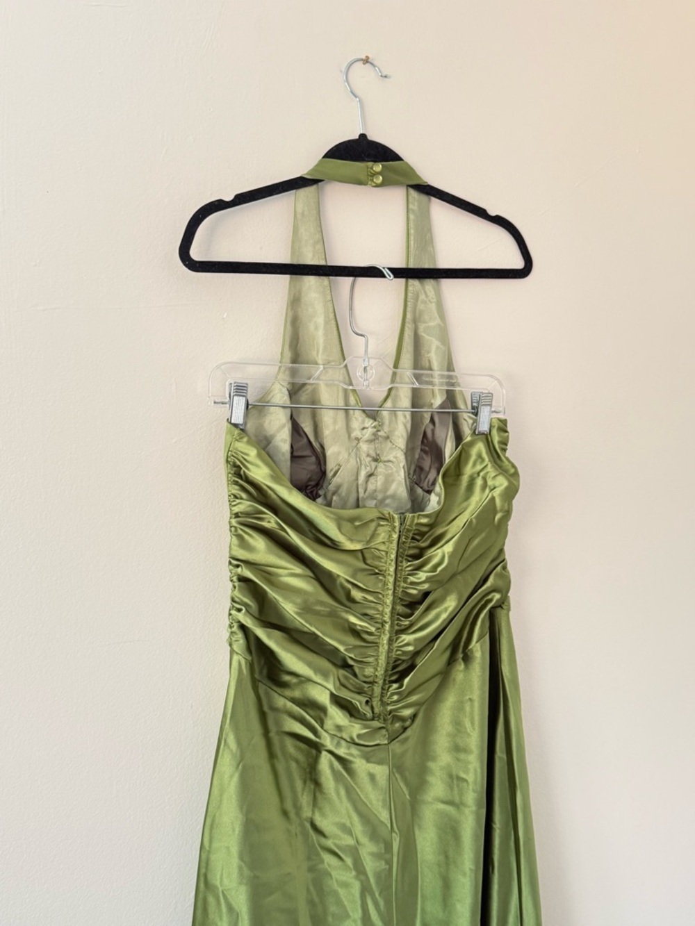 Vintage 90s Satin Slip Green Prom Dress Halter Rouched Maxi Gown Size 13/14 - Picture 13 of 17